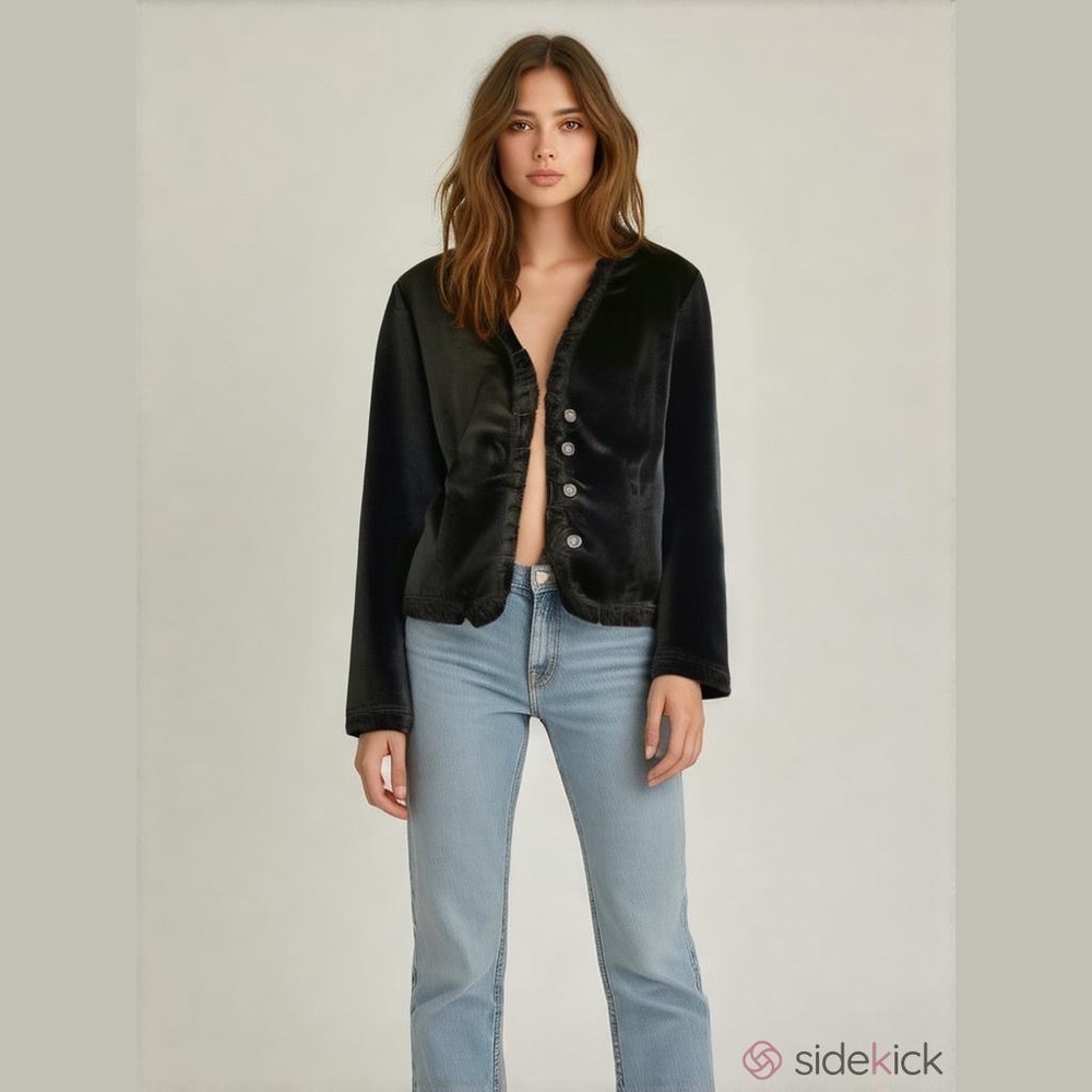 Boston Proper Women's Black Corduroy Blazer Size 10 Ruffle Details Buttons NEW